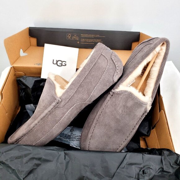 UGG 10 Slippers Men’s Ascot Grey Suede Plush Shearling Fur House Casual Shoes - Picture 4 of 12